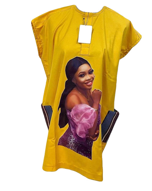 African Art Wear Women Short Sleeve Top Yellow Beautiful Lady Print Stylish Long tshirt