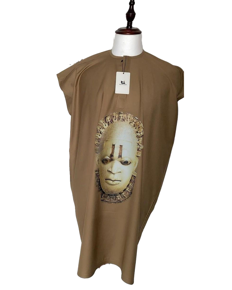 African Men's Art Wear Short Sleeve Top Queen-Mother Idia Benin Print Stylish Long tshirt