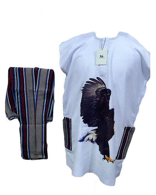 African Men's Art Wear Short Sleeve Two piece set Top White & Black Print Stylish Long tshirt With Trouser
