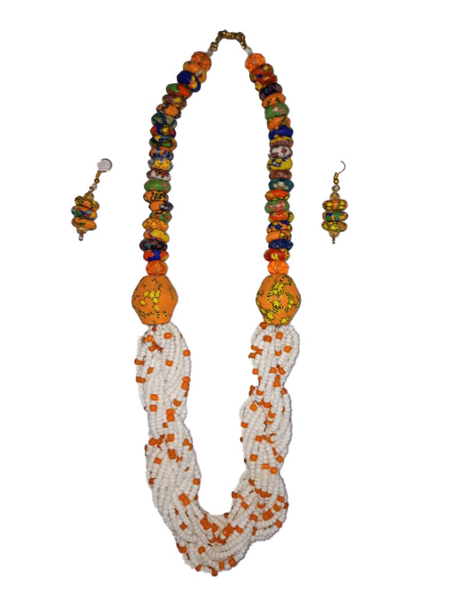 African Tribal art Handmade beaded White and Orange jewelry Earrings And Necklace set for women