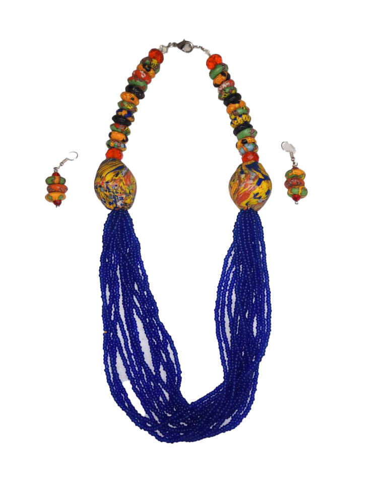 African Tribal art Wooden Handmade beaded Blue And Multicolor Stone jewelry Earrings and Necklace set