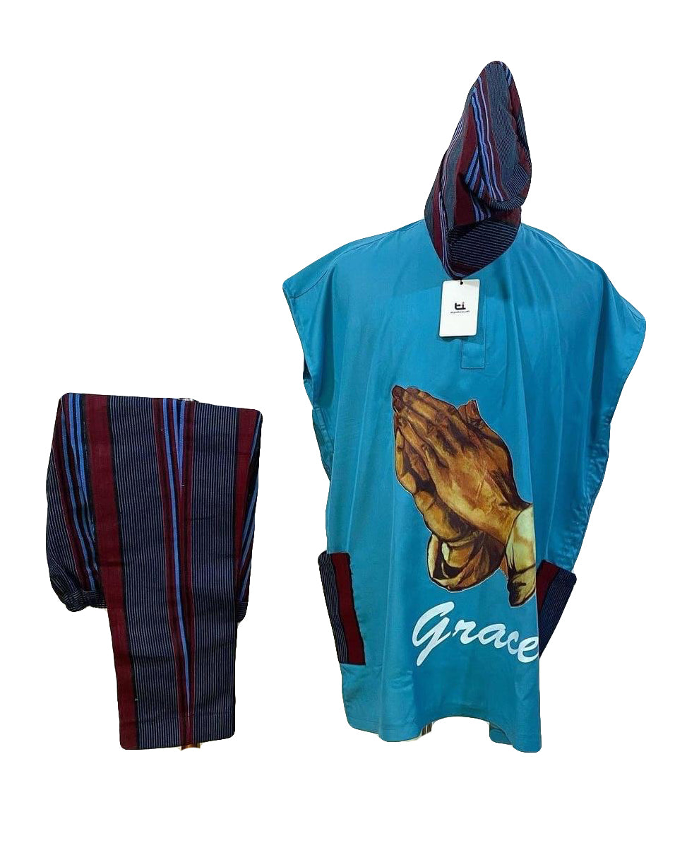 African Men's Art Wear Two Piece Set Short Sleeve Top Blue Grace Hands Print Loose Fashion Stylish Long T-shirt With Pant