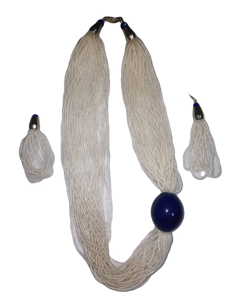 African Tribal art Wooden Handmade beaded White & Black Stone jewelry Earrings and Necklace set