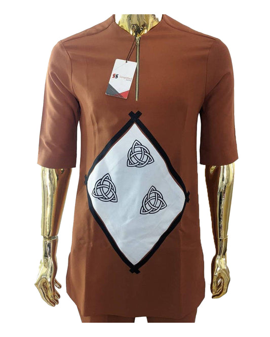 African Men's Art Wear Old Copper White & Black Design Print Short Sleeve Top Shirt