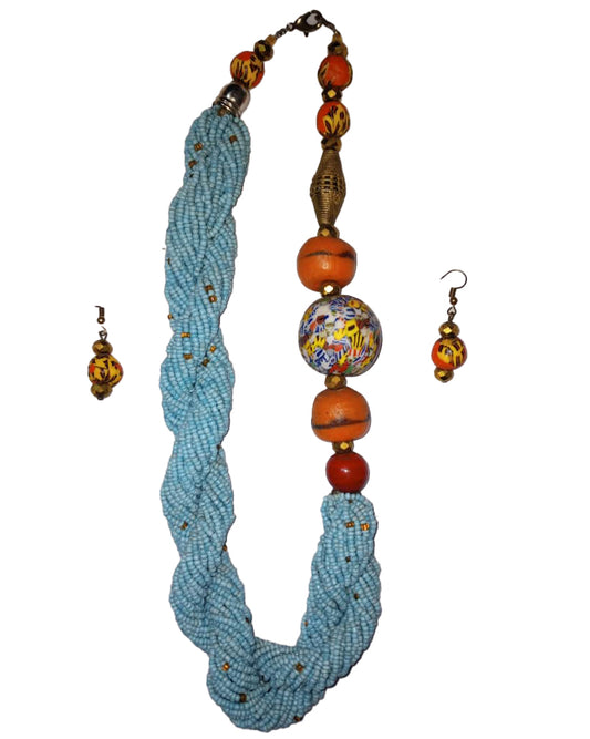 African Tribal art Wooden Handmade beaded Paste Stone Pendent Locket jewelry Necklace set