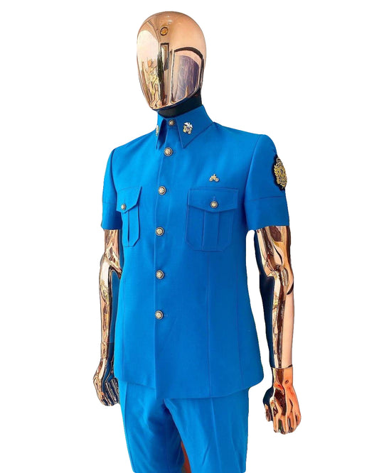 African Men's Art Wear Nice Blue Short Sleeve Top Shirt With Pockets and Buttons