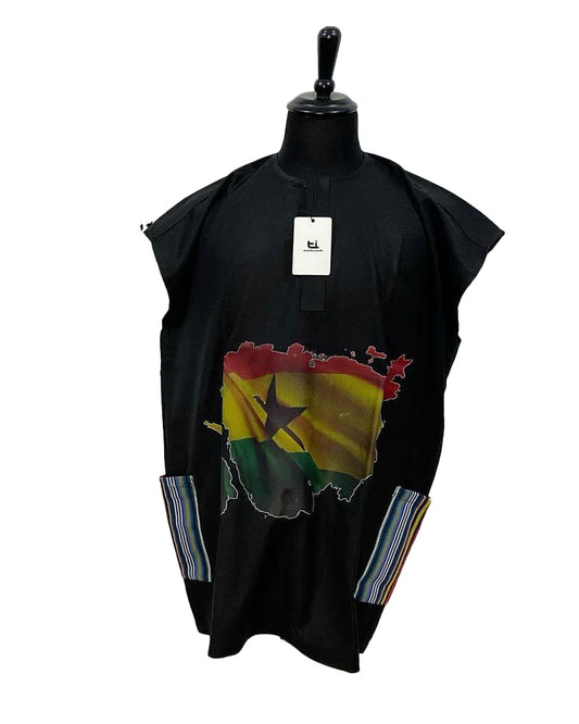 African Art Wear Ghana Flag Print summer top Outfit Casual Short Sleeve Black loose fashion Long T-shirt With Pockets