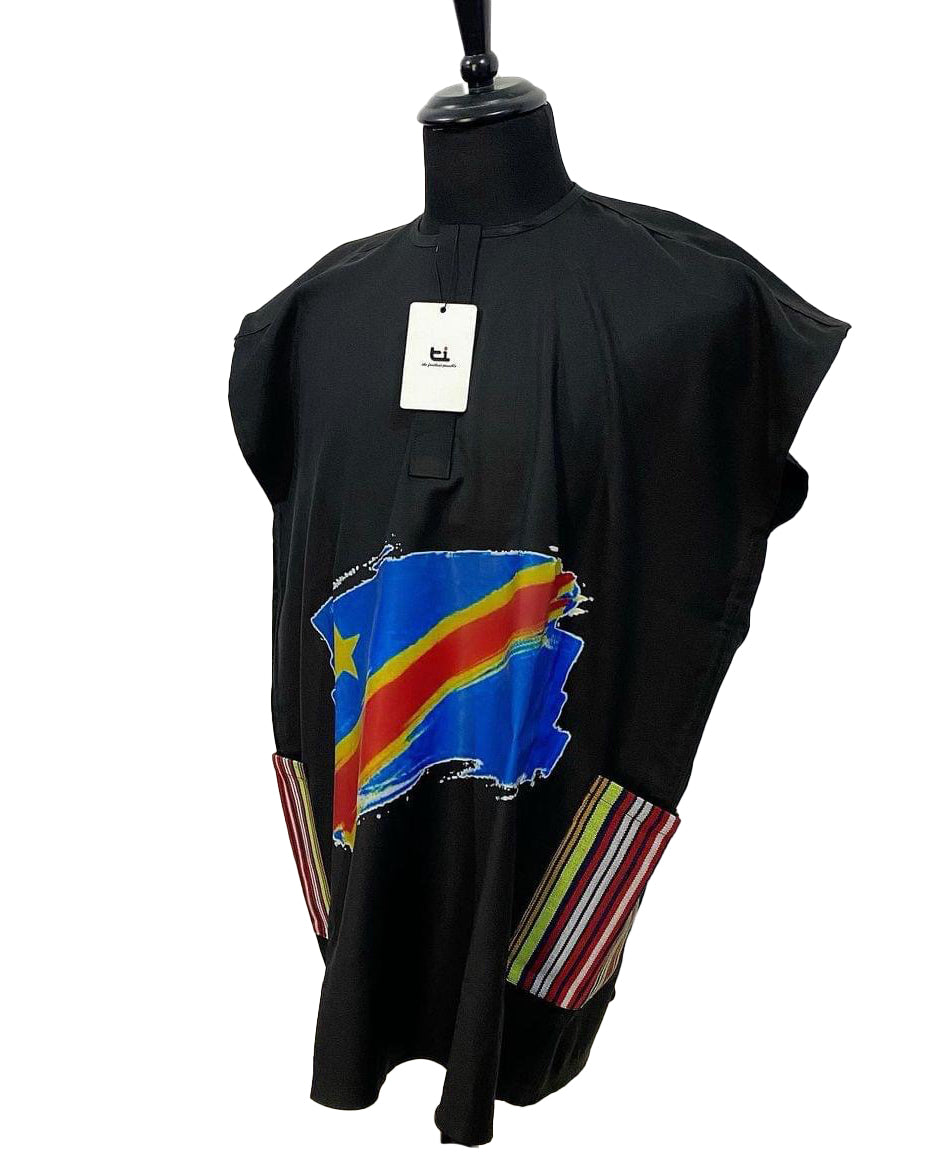 African Art Wear Congo Flag Print summer top Outfit Casual Short Sleeve Black loose fashion Long T-shirt With Pockets