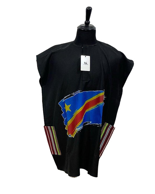 African Art Wear Congo Flag Print summer top Outfit Casual Short Sleeve Black loose fashion Long T-shirt With Pockets