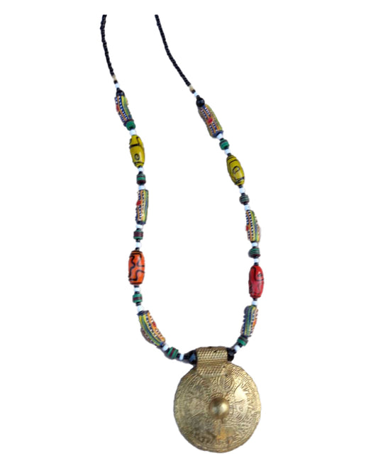 African Tribal art Wooden Handicraft beaded Bronze Pendent Locket Necklace set