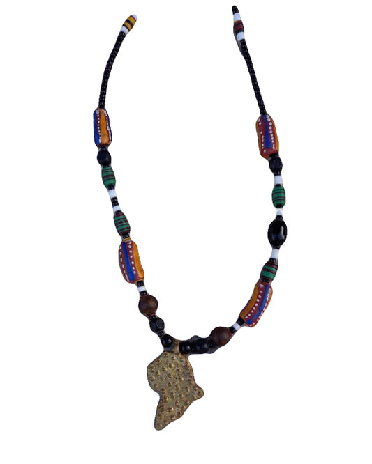 African Tribal art Wooden Handicraft beaded Woody African Map Locket Necklace set