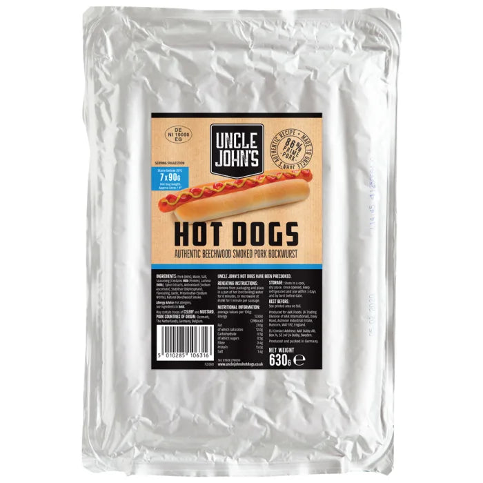 Uncle Johns Premium Beechwood Smoked 9" Bockwurst Hot Dogs 7 x 90g